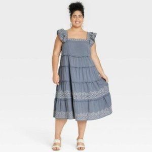 Knox Rose Boho Ruffle Sleeve Embroidered Tier Midi Dress